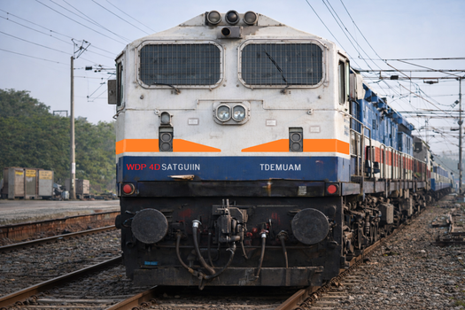 Front view of a train engine on tracks, highlighting industrial power.